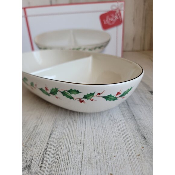 Lenox NEW white winter greetings divided oval bowl mistletoe Xmas kitchen - Picture 4 of 9